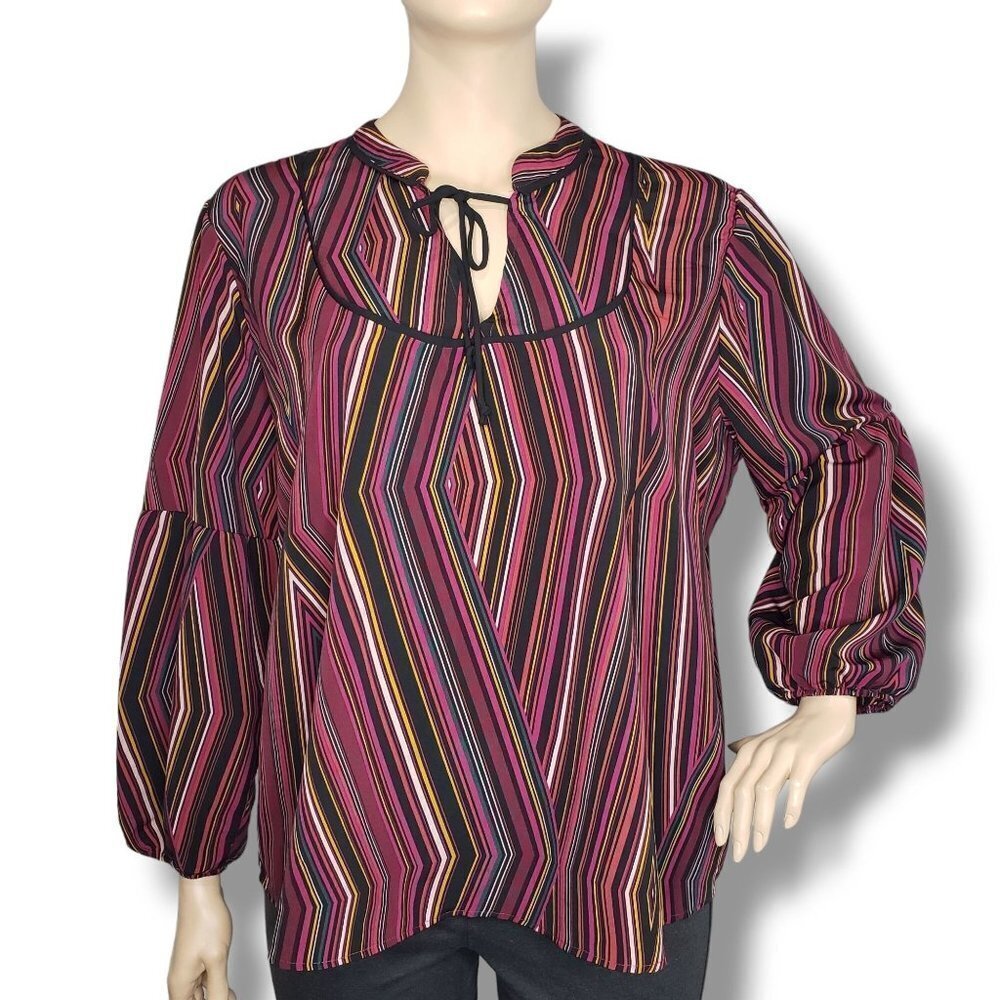 Maurices Striped Peasant Blouse Womens 3X Red V Tie Neck Pullover Balloon Sleeve